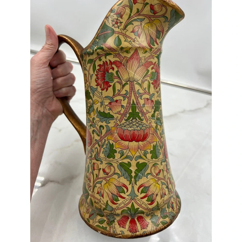 William Morris Style Ceramic Pitcher Floral Red Lily Botanical Decorative Jug